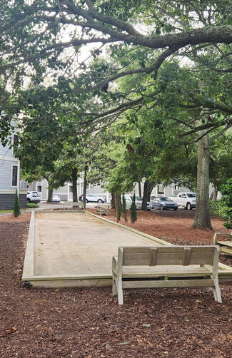 Peaceful bocce ball court under shade trees.