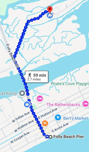 Map showing 5K route from The Landing to Folly Beach Pier